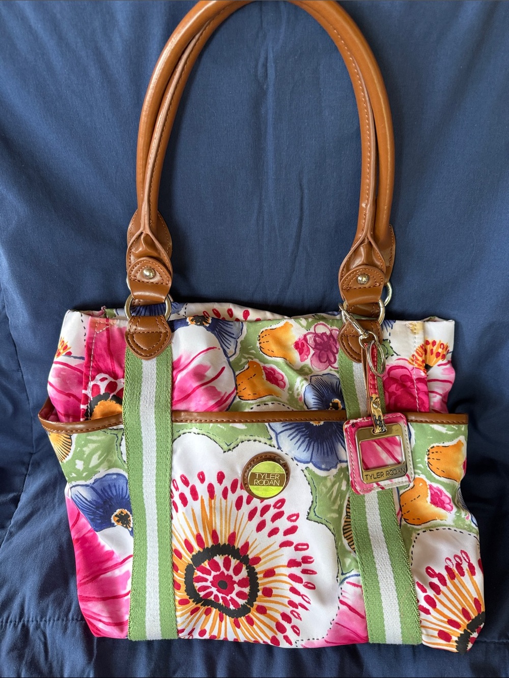 Tyler Rodan Floral Canvas Tote with Tan Handles and Green Straps